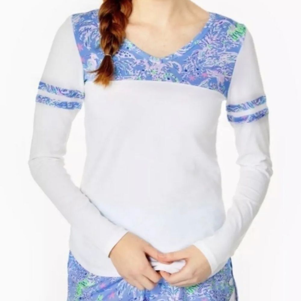 Lilly Pulitzer White Blue Palm Tiger Gator Long Sleeve Amara Shirt Blouse Medium